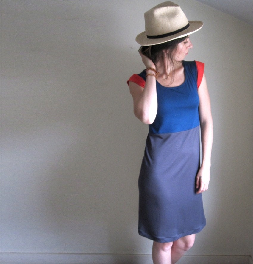 Spring Color Block Dress / Stretch Jersey Dress / Grey Teal Poppy / Custom Made to Order