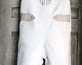 Sizes 3m, 6m, 9m, 12m, 18m, 24m, 3, 4, White waffle fabric with Khaki Linen accents (LONG VERSION) from Silly Nilly