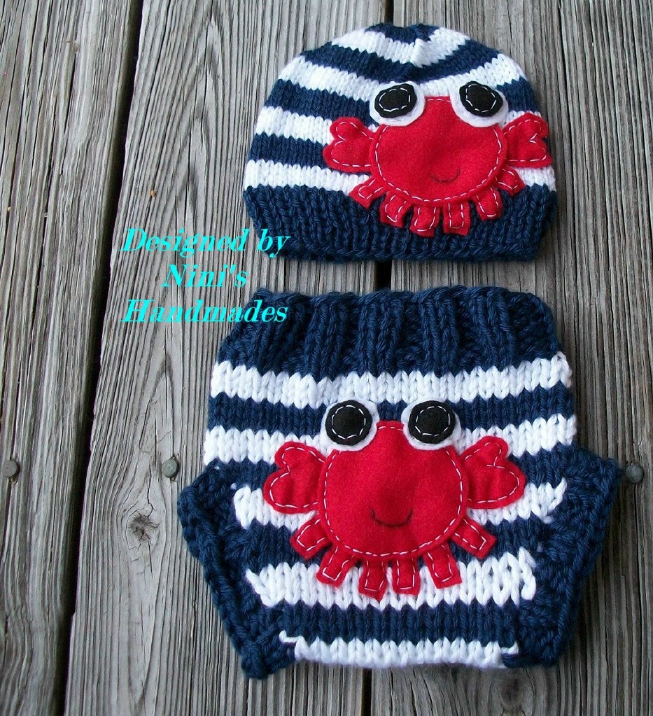 knit Crab  Set Baby Hat  and Diaper Cover - Red, blue and white stripes, Crab, Nautical baby set, childrens clothing, crab hat
