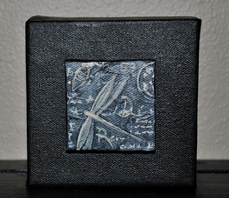 ORIGINAL Acrylic Painting - Four 4"X4" Modern Contemporary Art Dragonfly Fossil Paintings - Dana Marie - ebsq