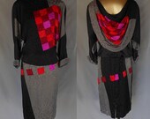 Vintage 80s Cocktail Party Dress - 1980s Avant Garde Color Block Silk Jacquard New Wave Dress with Draped Back - Size M