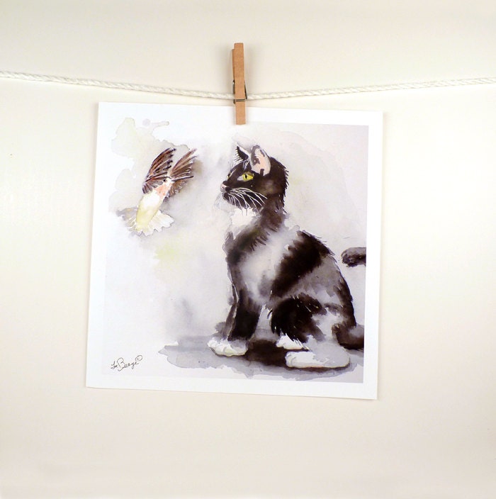 Black Cat Bird Art Watercolor Painting Print - Tuxedo Cat Black White, Home Decor Hummingbird Bird Painting Ash Grey - ACEO to 10 x 10 in