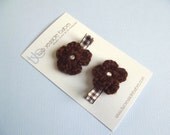 Hair Clips, Crochet Flower Hair Clip Pair  - Brown Gingham Hair Clip Clippies for Baby Girls, Toddler Girls Spring Summer Picnic