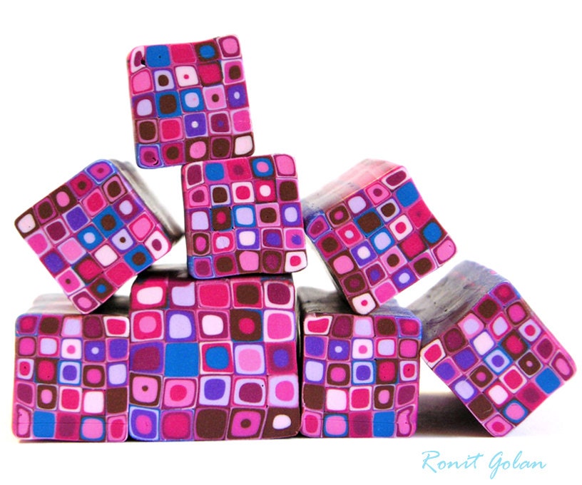 Polymer clay millefiori cane - Royal blue, pinks, purple and brown Retro Dots Square cane