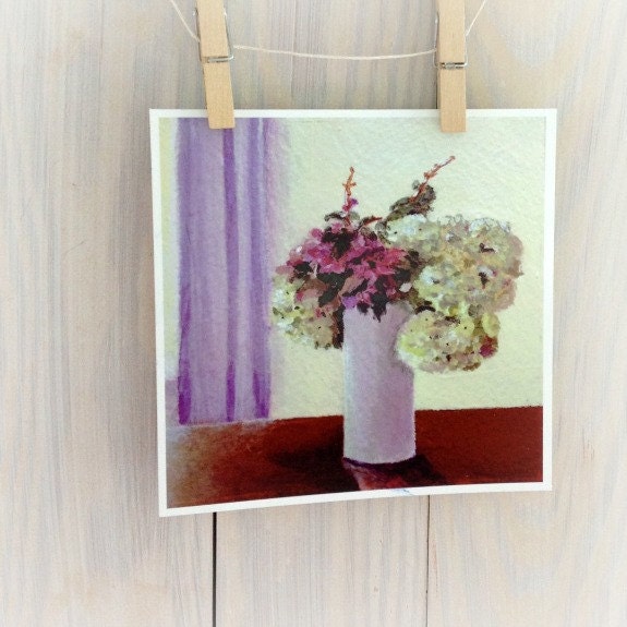 Hydrangea flowers still life fine art print from original painting mint, violet, purple 6x6 by Cathie Carlson