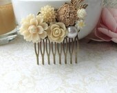 Ivory Flowers, Pearl, Brass Leaf Antiqued Brass Filigree Collage Hair Comb. Vintage Style, Maid Of Honor, Bridesmaids Comb, Ivory Wedding.