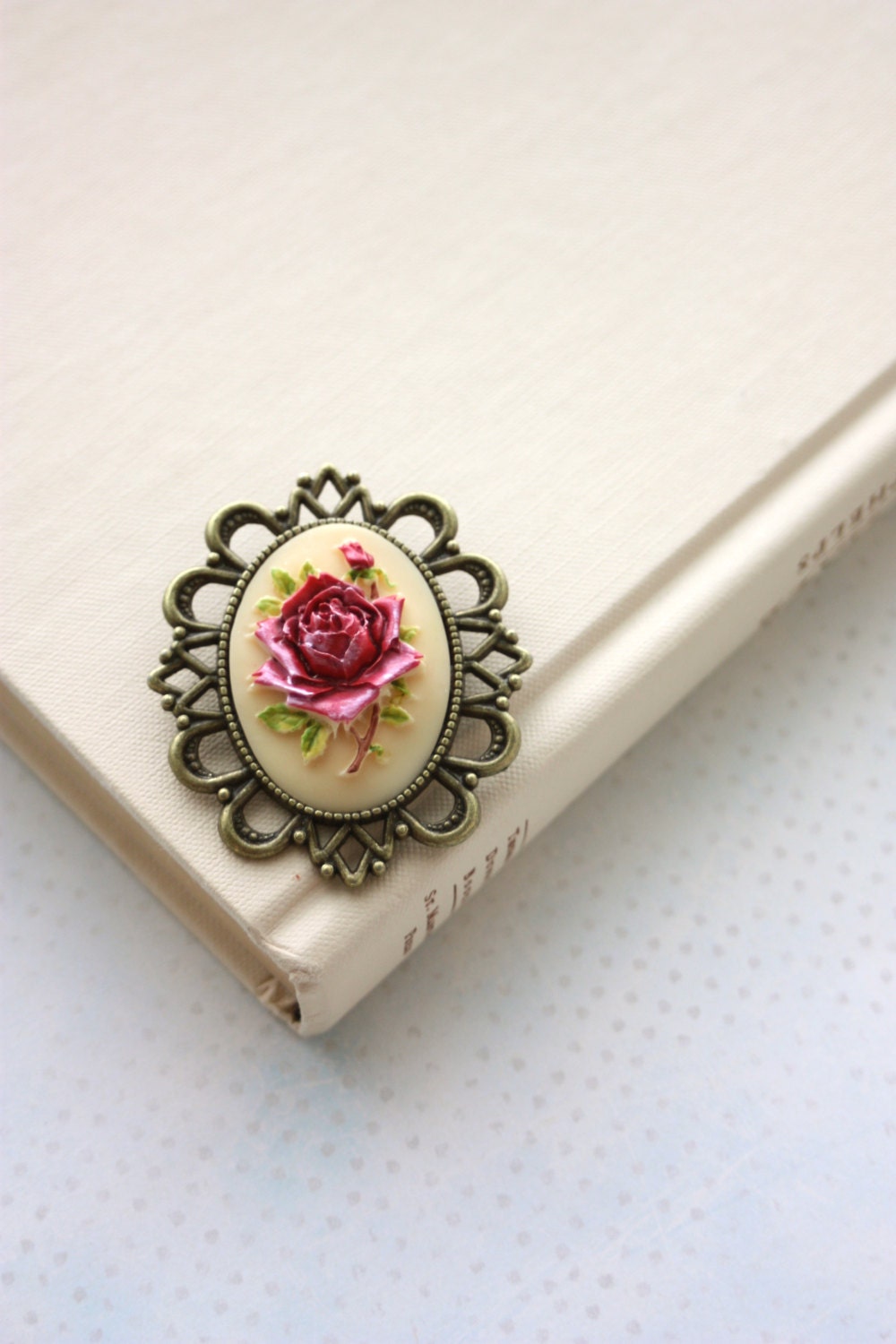 Vintage Inspired Red Flower Cameo Antiqued Bronze Large Brooch. Mom. Grandmother. Sister. Sweater Brooch. Sash. Bouquet Brooch. Bag Brooch