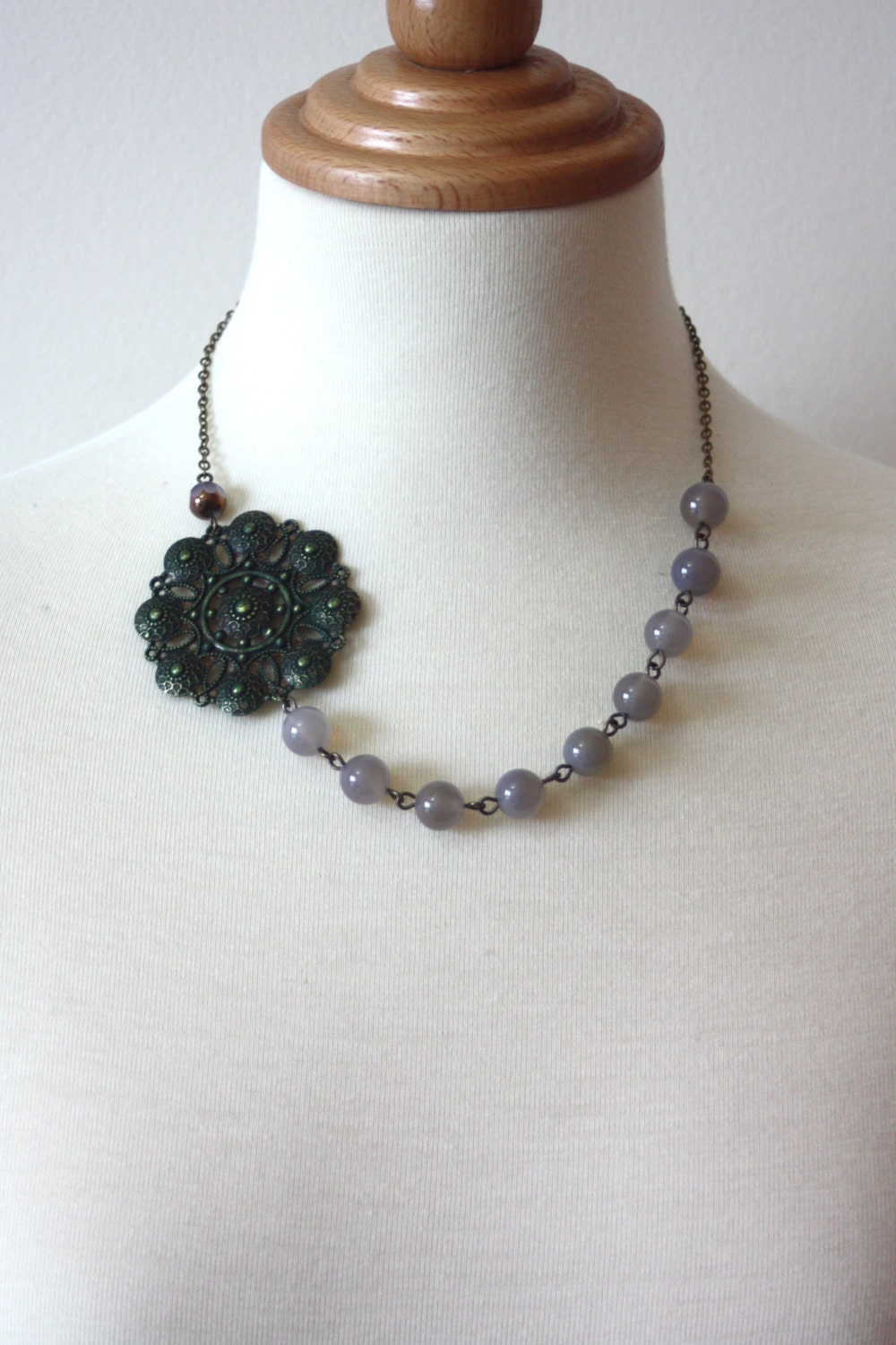 Aged Dark Green Verdigris Round Metal Filigree Necklace. Statement. Unique. Vintage Victorian Inspired. Art Deco. Gothic.