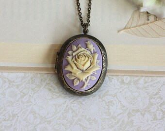 A Large Carved Ivory, Purple Lilac Rose Flower Cameo Locket Necklace. For Mom. Statement Necklace. Mothers Day Gift. For Girlfriends.
