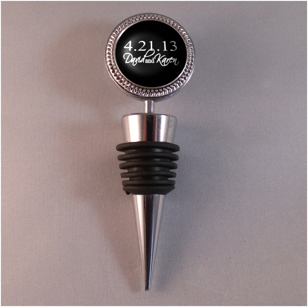 Wine Stopper with Silver Beaded Edge - Black and White Save the Date and Names - Great for Weddings, Anniversaries, Special Occasion Gifts