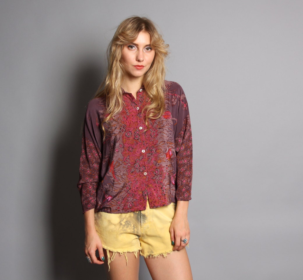 Early 80s SILK BLOUSE / Floral Cropped Carole Little Top, xs-s