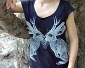 Kissing Jackalope tshirt - eco-friendly grey ink screenprint on black cotton  - womens sizes S, M, L, XL