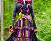 Long Patchwork Gypsy Sweater/Coat with appliqué and crocheted collar. Size XL. Ready to ship