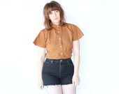 70s Burnt Orange Short Sleeve Blouse with Textured Pattern - Brown Button Up Shirt - S / M