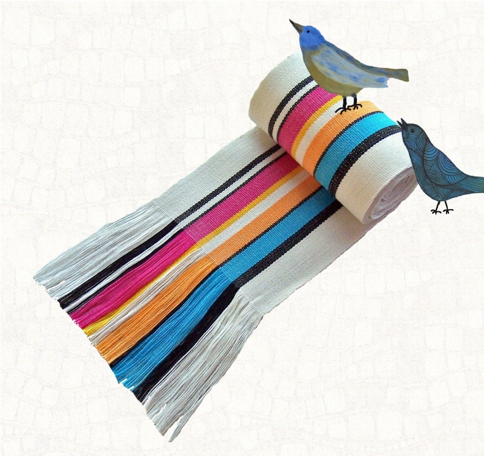 White Multicolor Sash Fabric vintage woven cotton belt Boho Hippie gathering accessory no.79