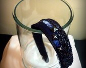 Distressed Gunmetal Stud Headband Beaded Black Applique Navy Blue Ribbon by Joolienn on etsy
