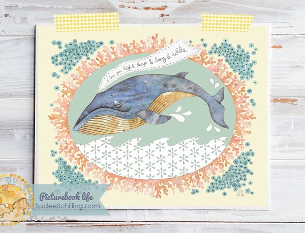 Whale Art Print with Coral and Lace--Collage for Baby Boy or Girl in Aqua, Peach and Mint Blue-Green.