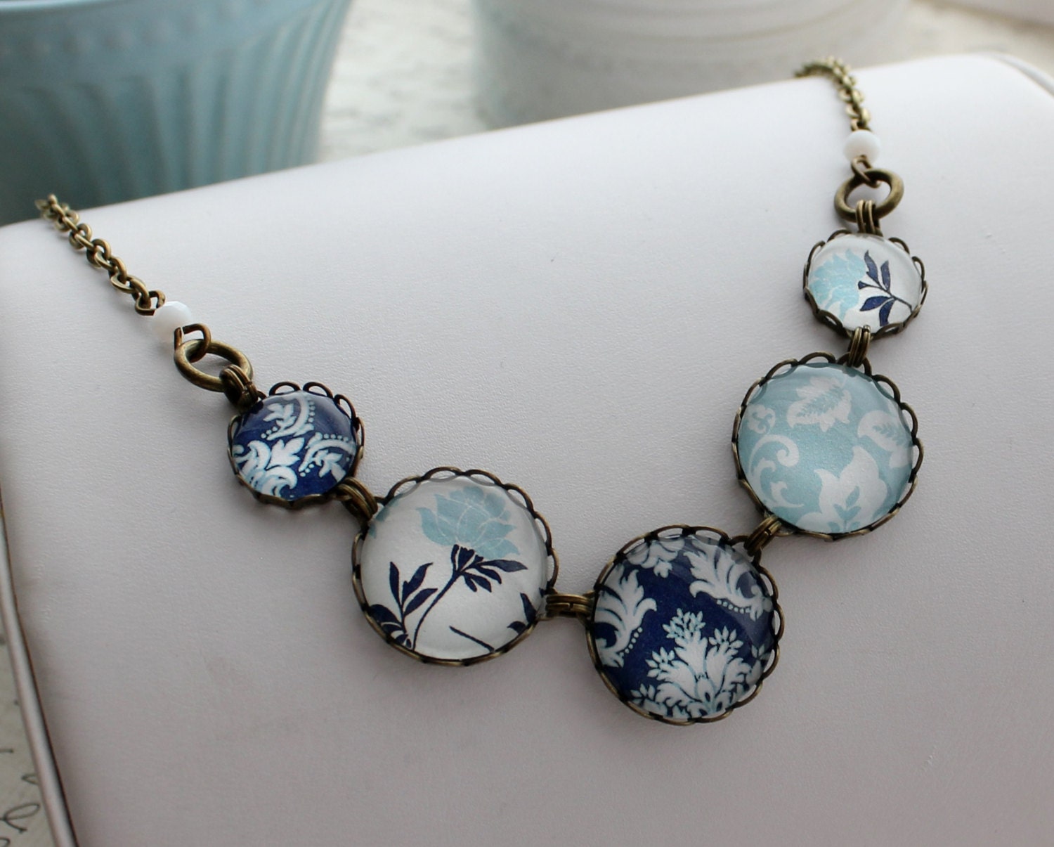 SHOP SALE- Modern Blue and White Statement Necklace. Navy. Light Blue. Damask. Gift for her under 40 usd.