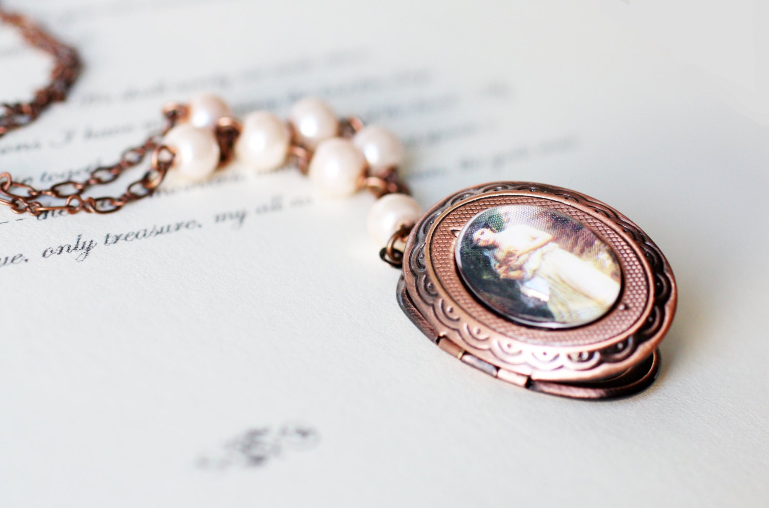 Locket Necklace. Vintage Cameo Jewelry with Pink Pearls. Edwardian Cameo Necklace. Jane Austen Necklace - Pandora's Box
