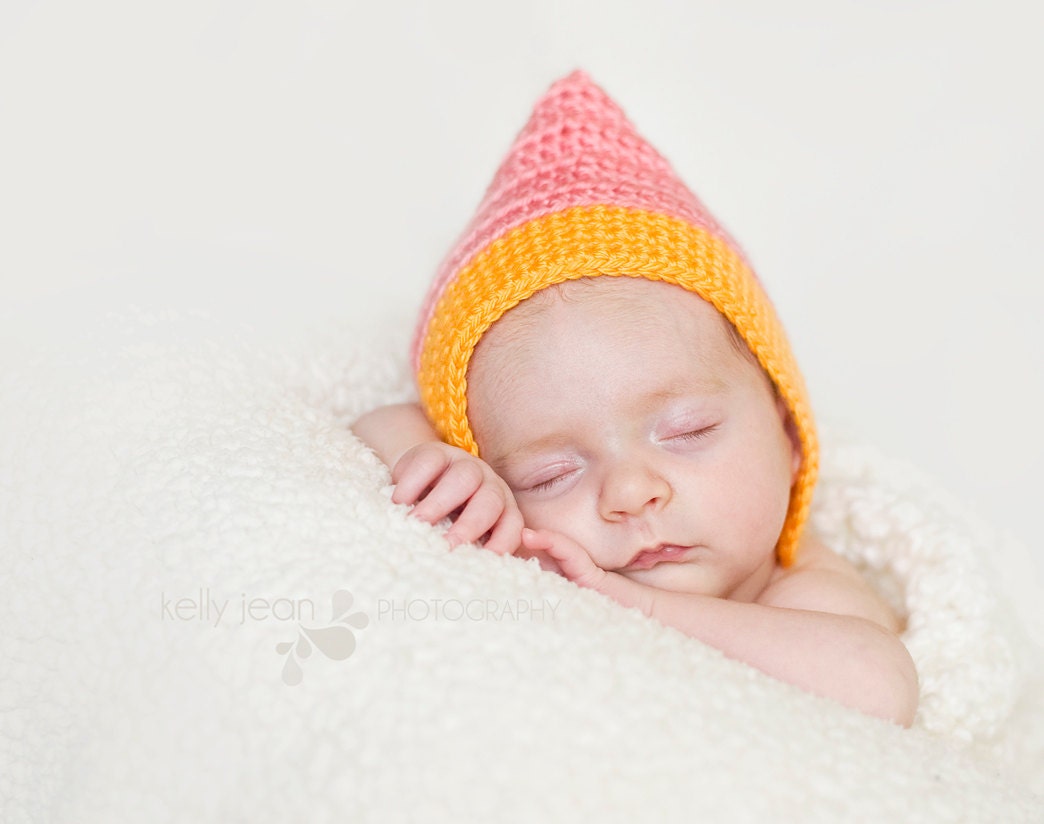 Crochet Gnome Pixie Hat with Chinstrap - BOY or GIRL - Newborn size - BRIGHT colors - Great Photo Prop