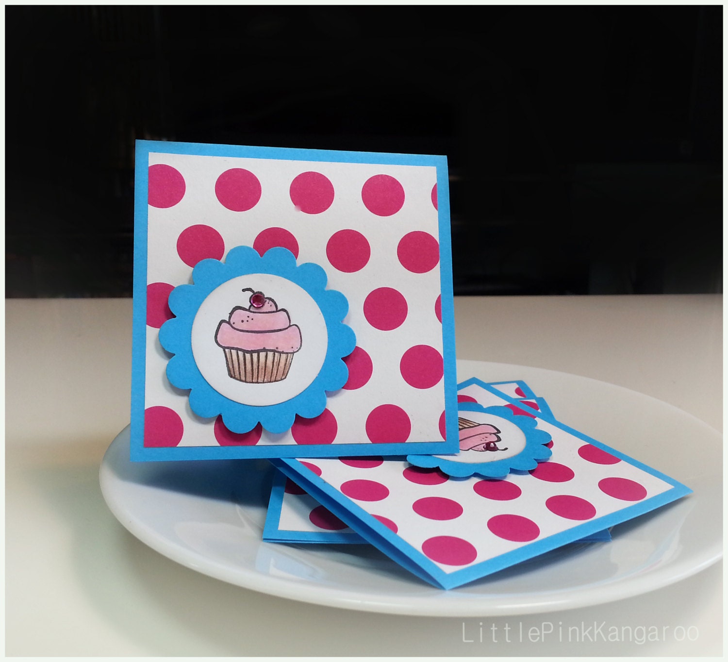Pink Magenta large Dots embellished with  Rhinestone  Hand colored  Cupcake -  Mini cards ( Set of 4)