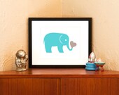Aqua Elephant with Heart 8x10 Art Print - Zoo Animal Nursery Decor (Free Shipping in US)