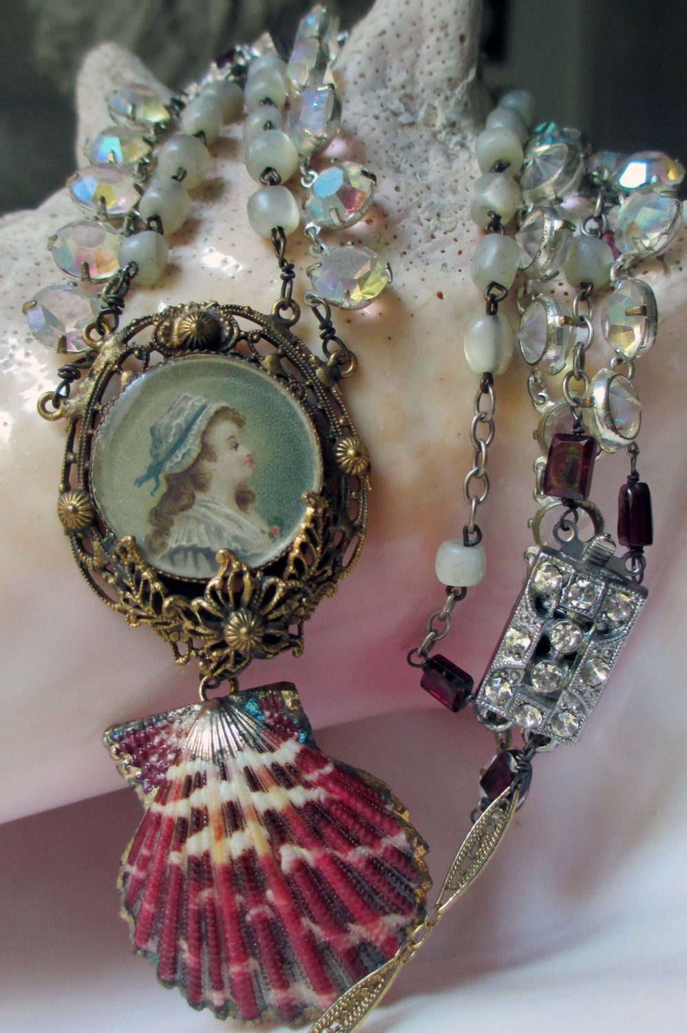 she sells seashells - vintage assemblage necklace with portrait pendant, rhinestones, and mother of pearl rosary by the french circus