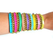 Neon Friendship Bracelet, Hot Pink Tribal Leather Bracelet, Woven Chain Leather Cuff, Seed Bead Bracelet