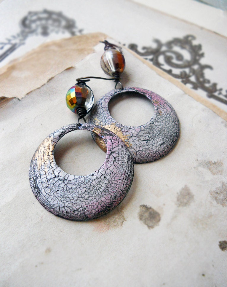 Rustic Hoop Earrings - Crackle Paint - Faceted Glass - Gold Leaf, Iridescent, Light Pink - Rustic Crackled Assemblage Earrings