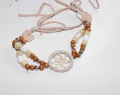 Dream Catcher Bracelet Native Hand Made  - Navaho Indian - Beaded - Dream Catcher  - Tan Brown Cream - Suede - One Size