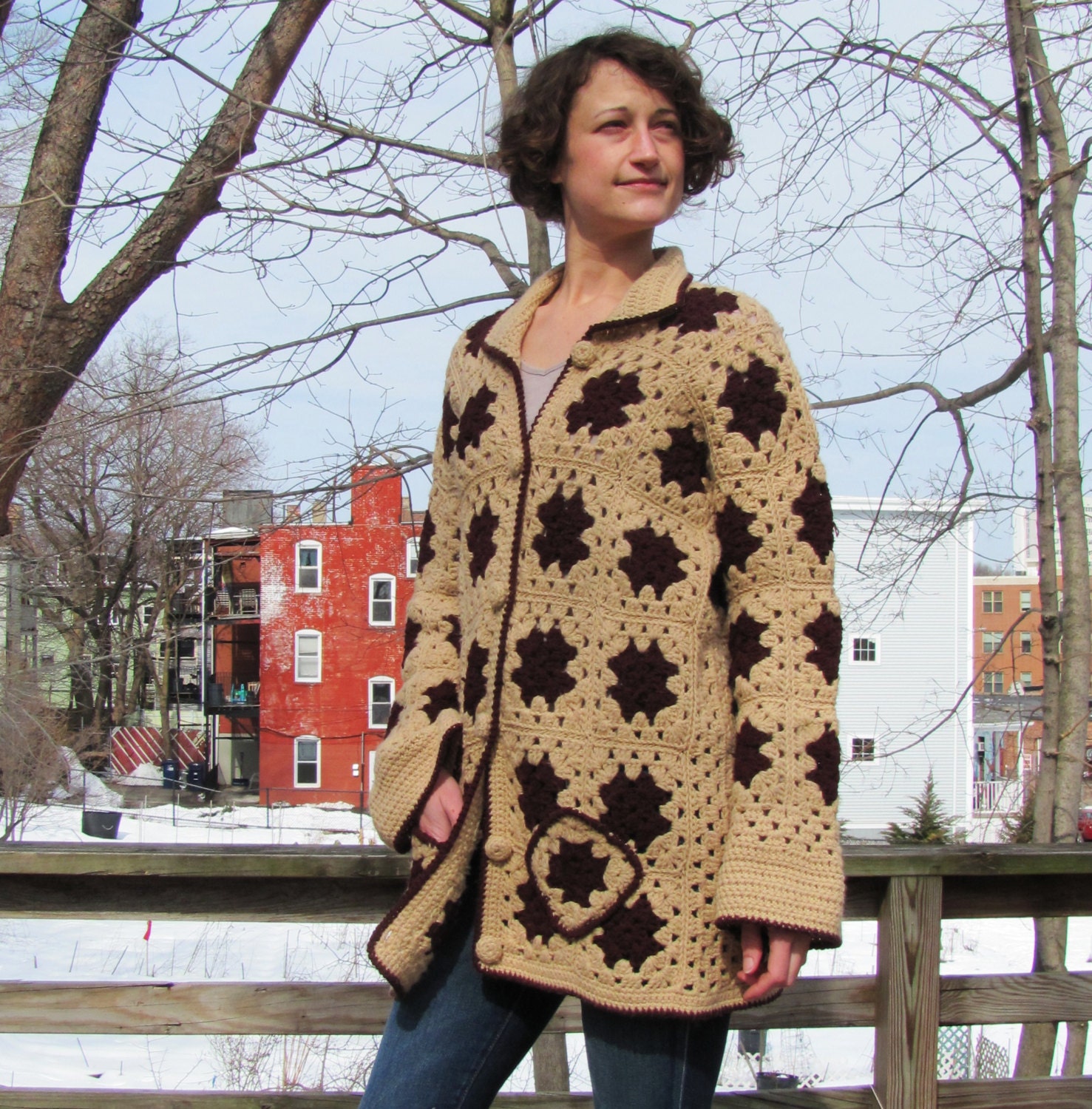 Afghan Button Front Bell Sleeve Sweater Grandma Square Patchwork Tan with Brown Accents