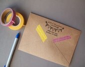 Custom Return Address Stamp - Bunting Banner, hand drawn with personalized names and address, Red Rubber Wood Mounted Stamp