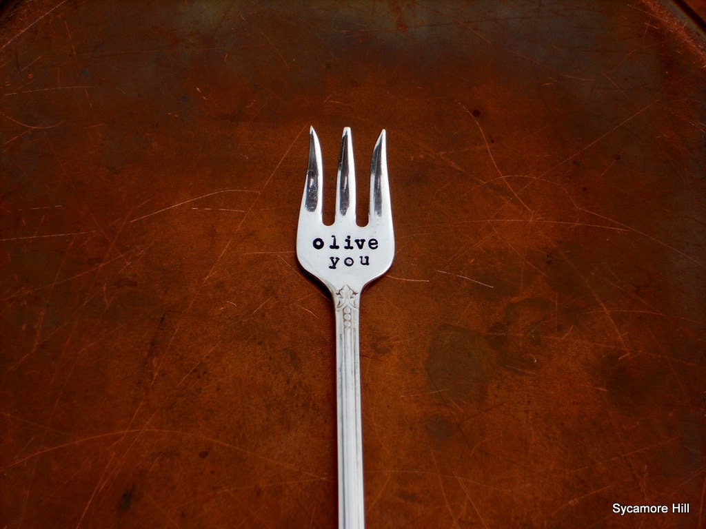 OLIVE YOU - Hand Stamped Pick Cocktail Fork - Handmade by Sycamore Hill, The Original Cute Valentines Day Gift
