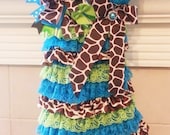 2 Piece Set - Turquoise and Lime Green Giraffe Lace Petti Dress with matching Boutique Hair Bow Size 2T 3T