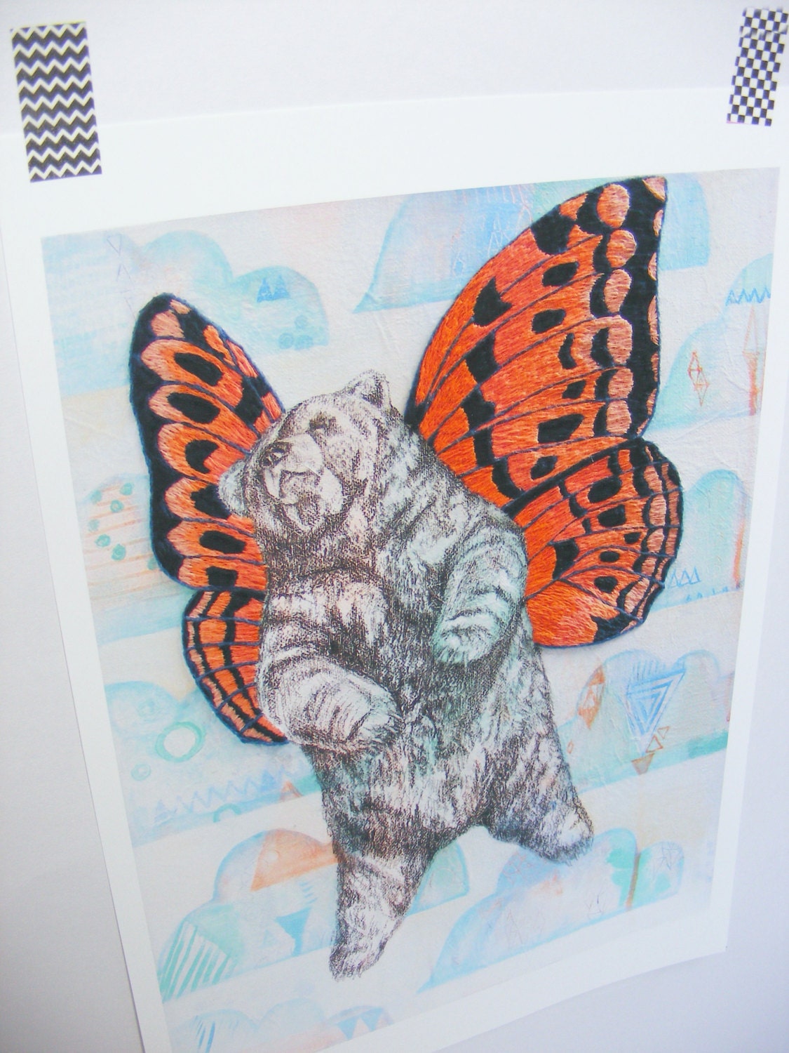 limited edition print -  bear with butterfly wings -  illustration  - mixed media - powder blue, orange, coral