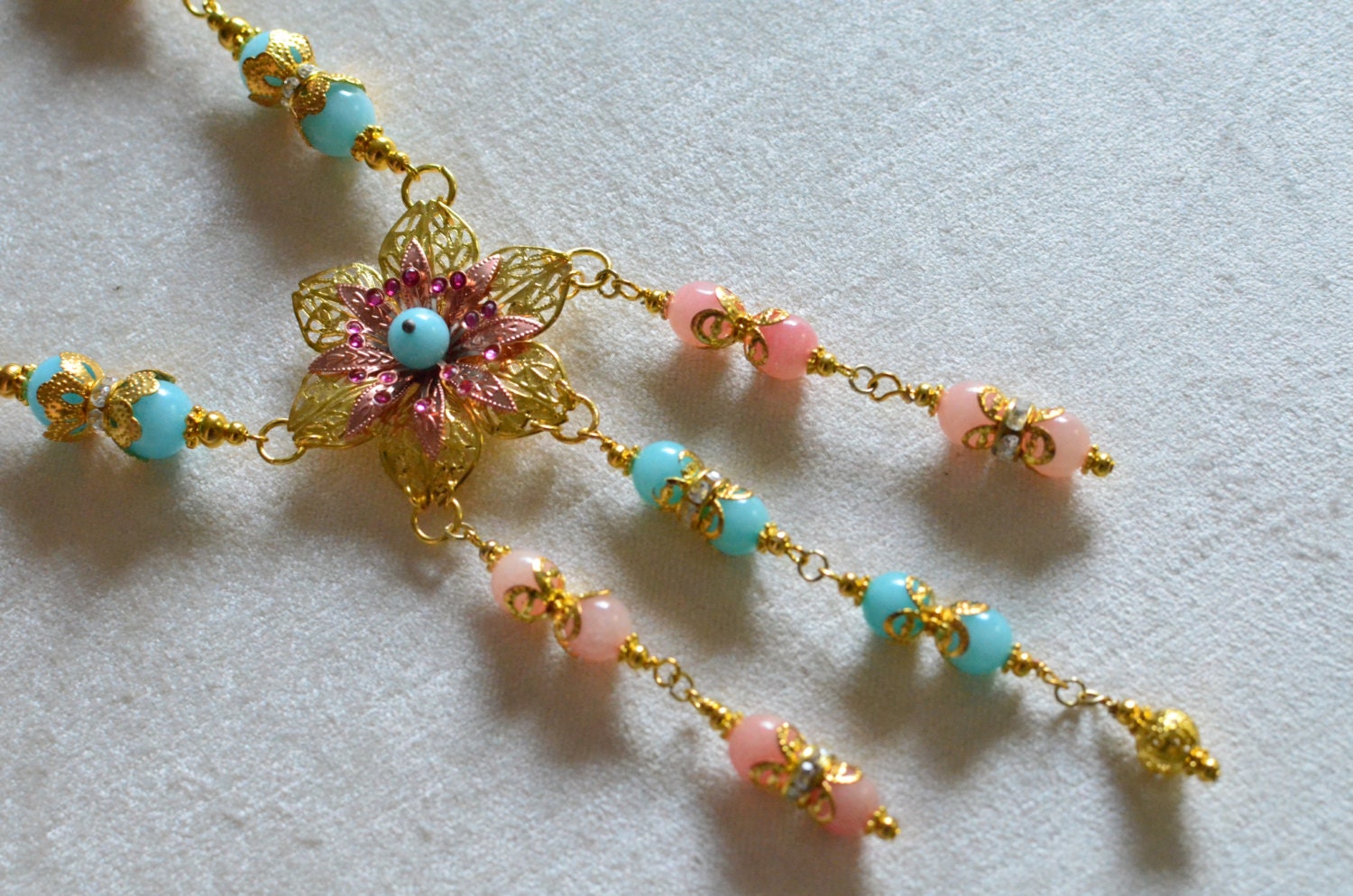 Amazonite and Morganite Flower Necklace - Gold and Genuine Gemstone Floral Swarvoski Crystals in Opera Length wire wrapped Elegant dangling
