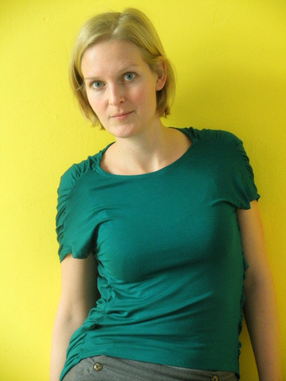 petrol short sleeve shirt with gathered shoulder and sides