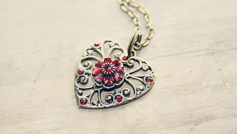 Red Jewel Bronze Heart Charm Necklace - Valentine's Day Gift Idea
