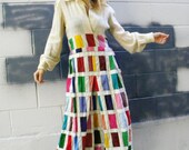 folk BOHO Patchwork maxi dress. flowy sleeves. EARTHY hippie festival gown. poet sleeve.