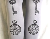 Alice in Wonderland Pocket-Watch & Keys Printed Tights Black on Dove Grey Small Medium Women