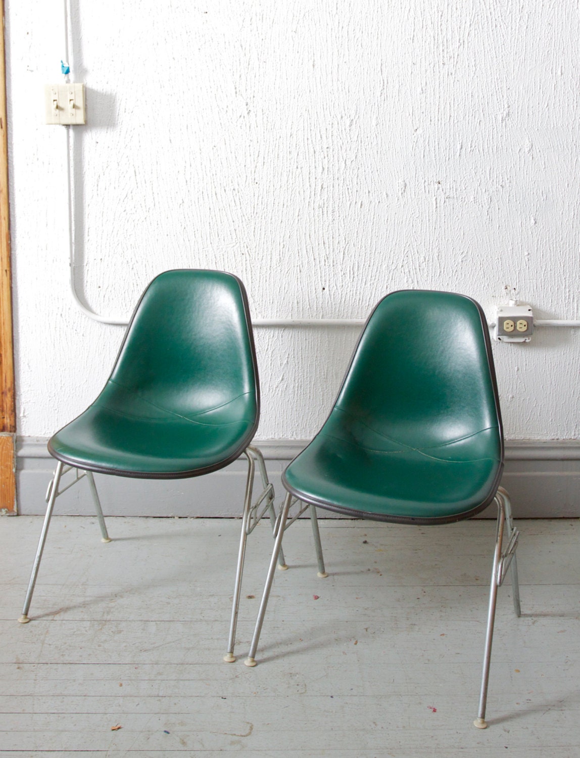 Pair of Mid Century Eames Hunter Green Naugahyde / Vinyl Fiberglass Shell Chairs - Retro - Herman Miller