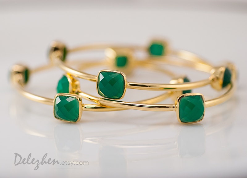 Green Onyx Bangles-  Green Onyx Bracelet - Gemstone Bangles - Stacking Bangles - Gold Bracelets Mother's Day Gift