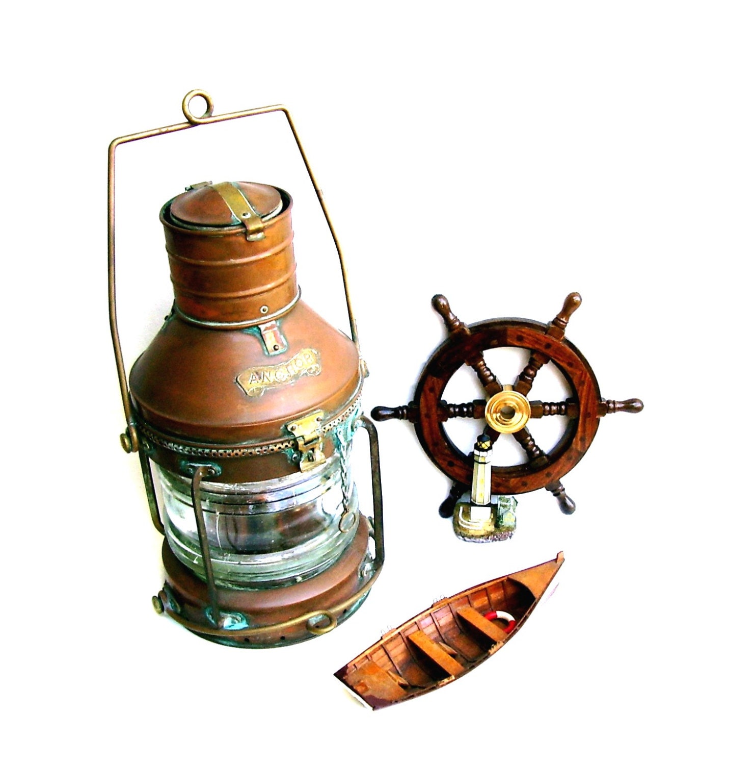 Vintage Ships Lantern Copper Anchor Oil Lamp Nautical