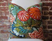 Chiang Mai Dragon - Aquamarine - Schumacher - Pattern placement No.2 - Pillow Cover - 20 in square - Designer Pillow - Decorative Pillow