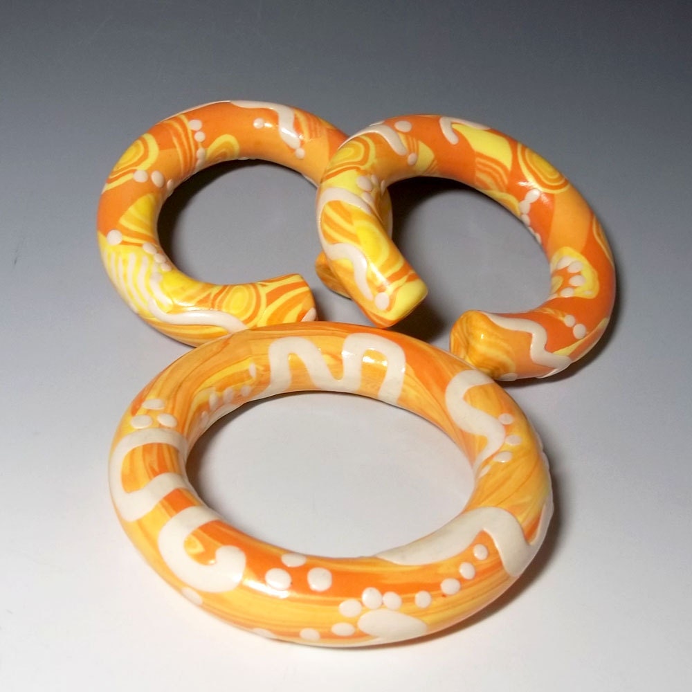 Gauged plug earrings n bangle set, 1/2 inch hoop. Dreamsicle. Yellow, orange, white, summer.  Polymer clay plugs for stretched ears.