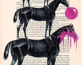 3 horses with bubblegum -Digital Illustration Print-Art Poster-Acrylic Painting- Holiday Decor-Drawing Illustration-Gift for her