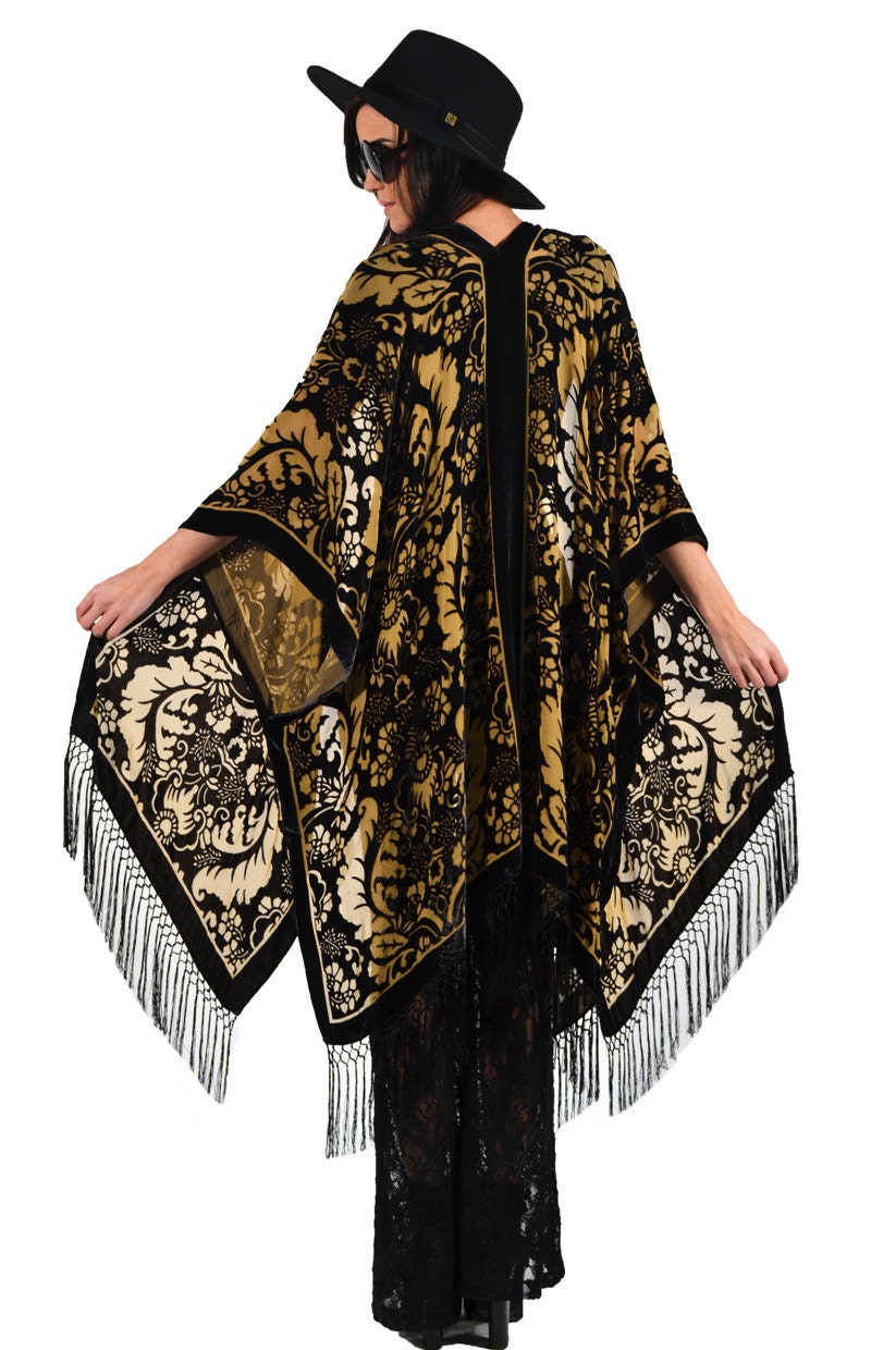 Tan and Black Brocade Floral Velvet Burnout Gypsy Fringe Kimono Duster