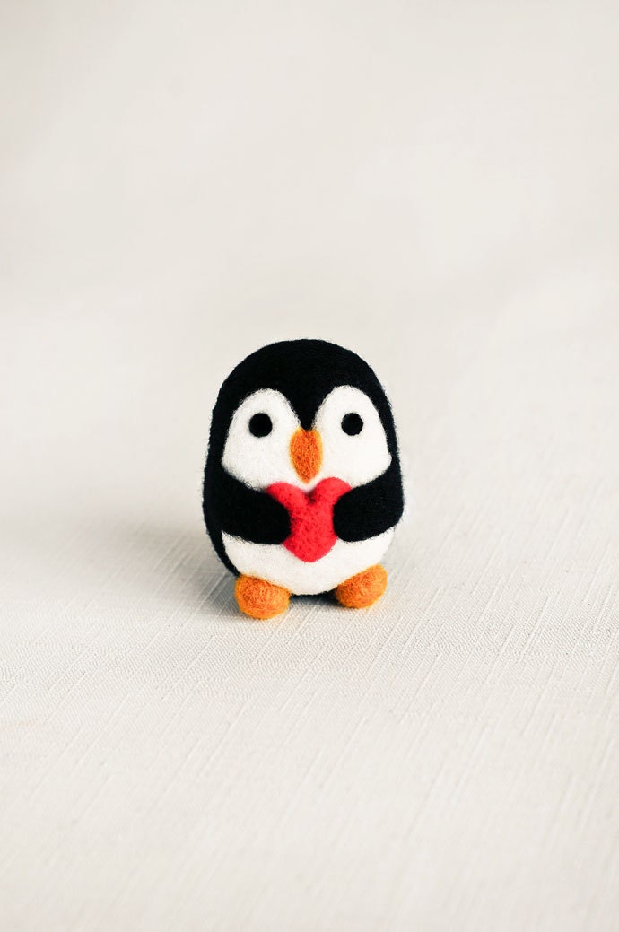 Percival the Penguin with Red Heart - Needle Felted Wooly Animal - Woodland Nature Waldorf Decor Gift Cute Adorable Felt All Natural Wool