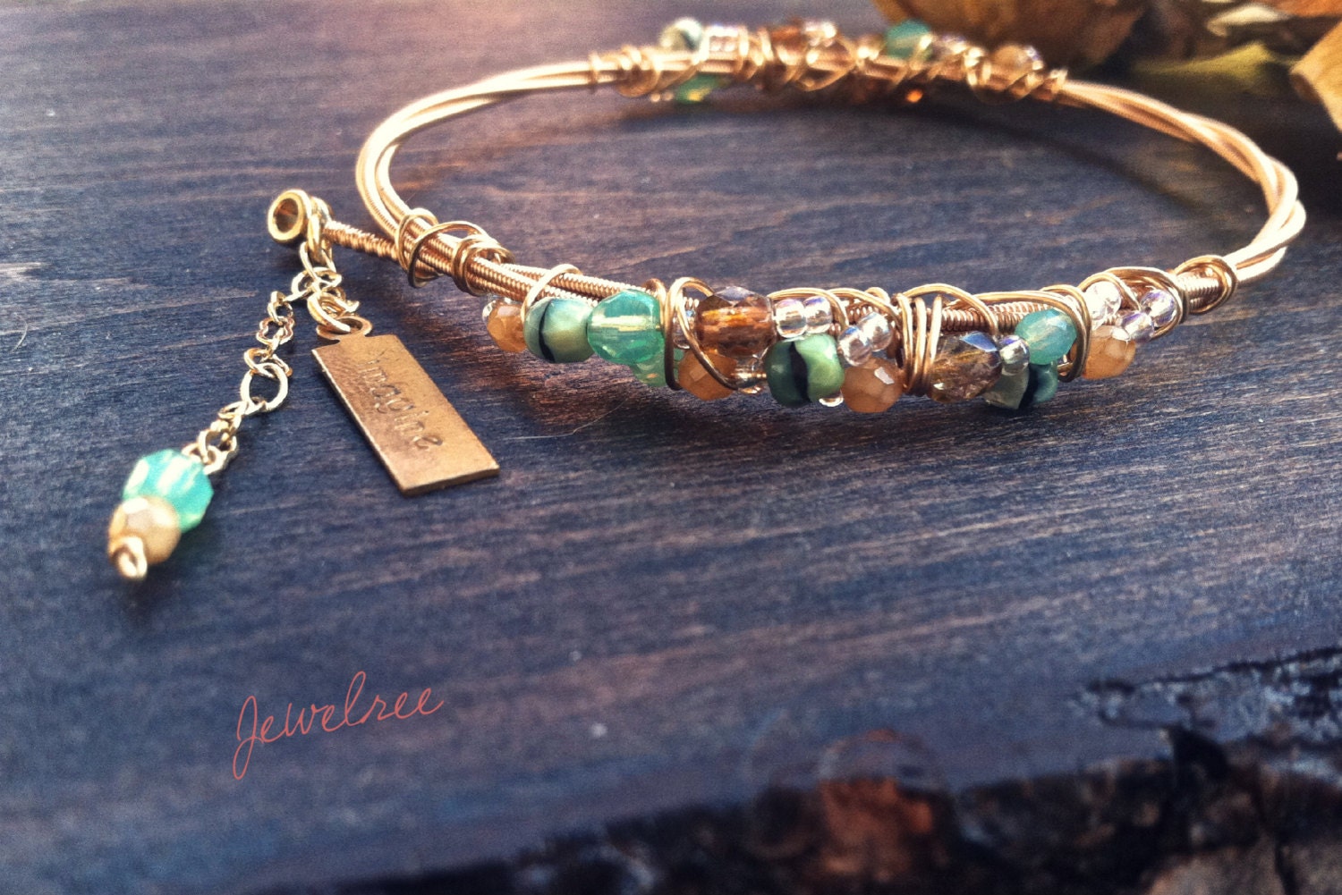 IMAGINE PARADISE Guitar String Charm Bangle.  Stackable, Eco-Friendly Bracelet.  Glass Beaded and Beach Inspired Adornment