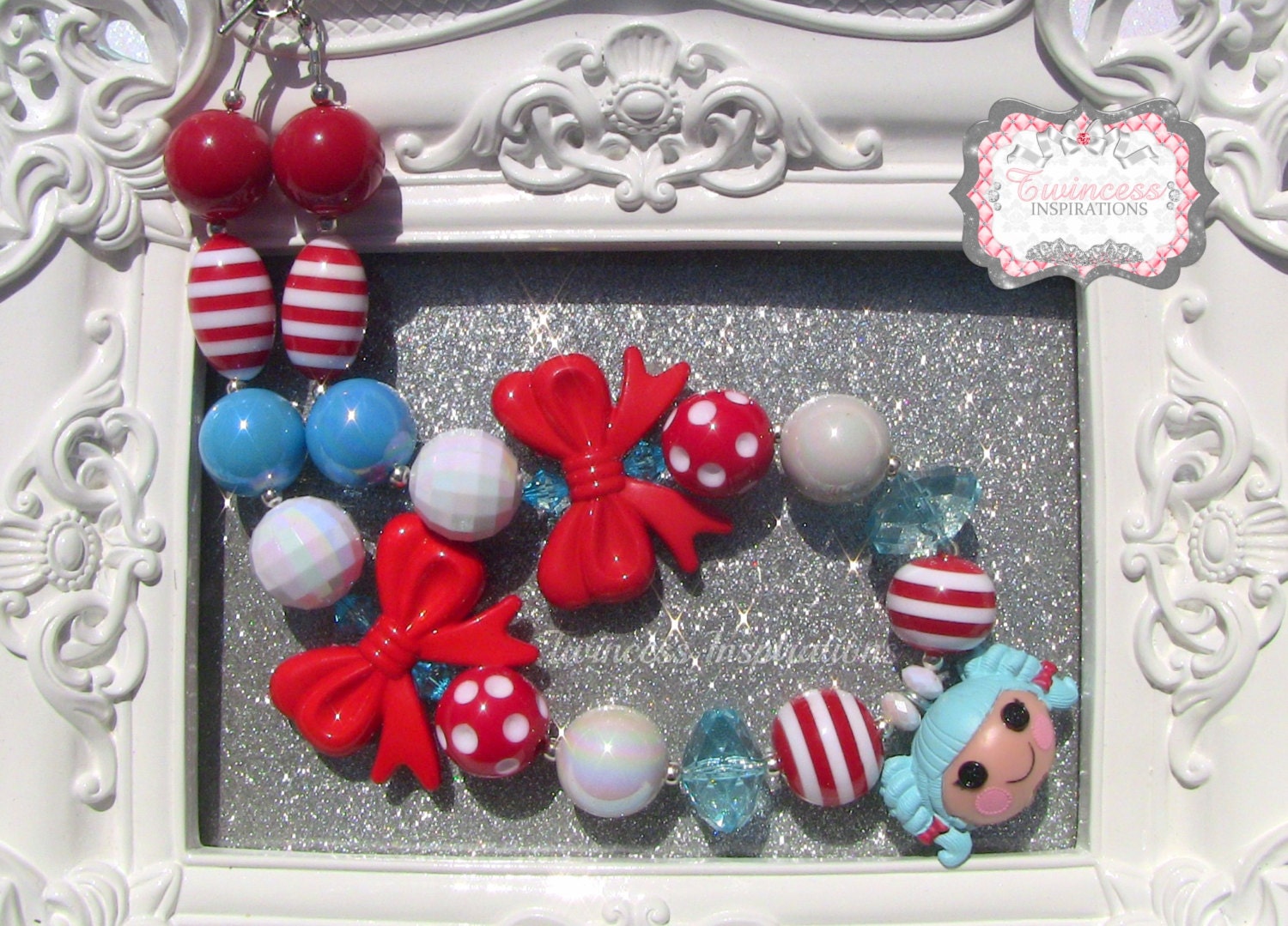 LalaLoopsy Marina Anchors Nautical Chunky Beaded Bubblegum Necklace Red, Turquoise Navy White Birthday Party Photo Prop